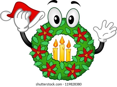 Mascot Illustration of a Christmas Wreath with Candles at the Center Holding a Christmas Hat