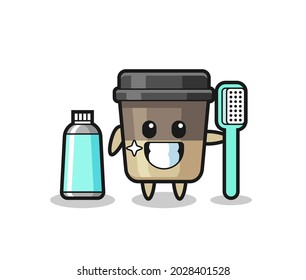 Mascot Illustration of coffee cup with a toothbrush , cute style design for t shirt, sticker, logo element