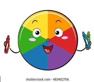 Mascot Illustration of a Color Wheel Holding Red, Blue, and Green Crayons