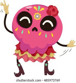 Mascot Illustration of a Colorful Sugar Skull Dressed in a Traditional Mexican Costume Performing a Dance