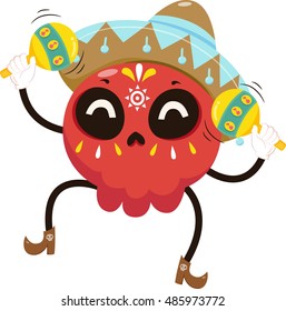 Mascot Illustration of a Colorful Sugar Skull Dressed in a Mariachi Costume Playing with Maracas