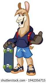 Mascot illustration with cool llama skater character on white background.