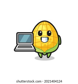 Mascot Illustration of corn with a laptop , cute style design for t shirt, sticker, logo element