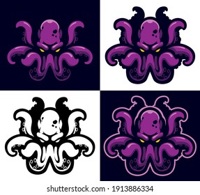 Mascot illustration of the creepy underwater Kraken monster with powerful purple tentacles and glowing eyes, ready attack.