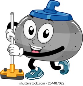 Mascot Illustration of a Curling Stone Holding a Curling Broom