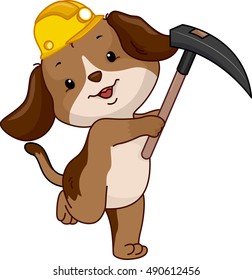 Mascot Illustration of a Cute Dog Miner in a Yellow Hard Hat Carrying a Hoe