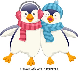 Mascot Illustration of a Cute Pair of Friendly Penguins in Earmuffs and Scarves Wobbling as They Walk