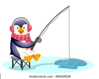 Mascot Illustration of a Cute Penguin Wearing Earmuffs and a Scarf Pole Fishing Through a Hole in the Ice