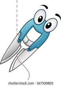 Mascot Illustration of a Cutter Cutting a String of Thread