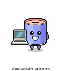 Mascot Illustration of cylinder piggy bank with a laptop , cute design