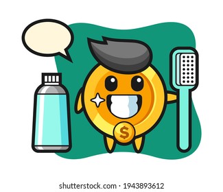 Mascot Illustration Of Dollar Coin With A Toothbrush