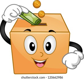 Mascot Illustration of a Donation Box Inserting Coins and a Paper Bill