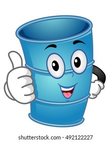 Ilustración en mascota de un tambor de contenedor azul vacío que da una palmada hacia arriba