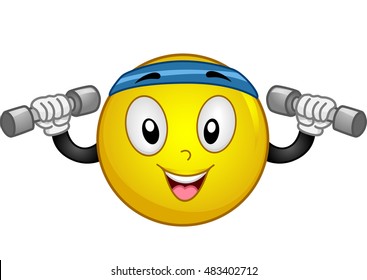 Mascot Illustration of an Energetic Smiley Wearing a Sporty Headband Lifting Dumbbells