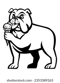 Mascot illustration of a English bulldog or British bulldog or just bulldog dog licking ice cream cone viewed from front on isolated background in black and white retro style.