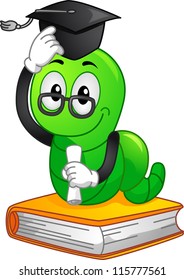 Mascot Illustration Featuring a Bookworm Wearing a Graduation Cap and Holding a Diploma