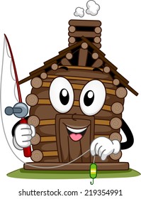 Mascot Illustration Featuring a Cabin Holding a Fishing Pole