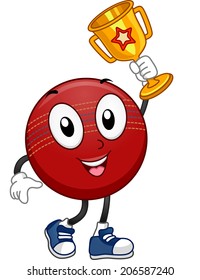 Mascot Illustration Featuring a Cricket Ball Holding a Golden Trophy