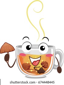 Maskottabilustration mit einer Tasse heißem Tee aus psychedelischen Pilzen