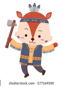 Mascot Illustration Featuring a Cute Little Fox Dressed Like a Native American