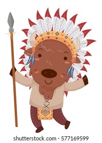Mascot Illustration Featuring a Cute Little Bison Dressed Like a Native American