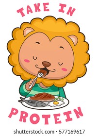 Mascot Illustration Featuring a Cute Little Lion Happily Eating Food Rich in Protein