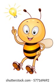 Mascot Illustration Featuring a Cute Little Honeybee Pointing to the Light Bulb Hovering Over His Head