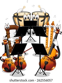 Mascot Illustration Featuring Different Instruments Used in Orchestras
