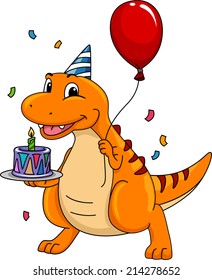 Mascot Illustration Featuring a Dinosaur Carrying a Birthday Cake