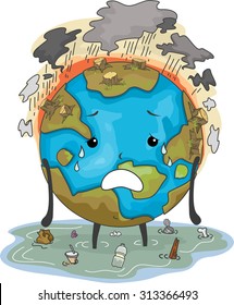 Mascot Illustration Featuring the Earth Suffering from Flooding Air Pollution and Deforestation