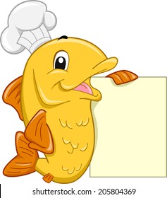 Mascot Illustration Featuring a Fish Wearing a Toque Leaning Against a Blank Menu Board