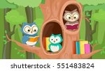 Mascot Illustration Featuring a Group of Owls Perched on a Hollowed Out Tree Leisurely Reading Books