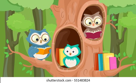 Mascot Illustration Featuring a Group of Owls Perched on a Hollowed Out Tree Leisurely Reading Books