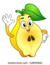 Mascot Illustration Featuring a Healthy Quince Fruit with a Leaf on Top of its Head Waving its Hand