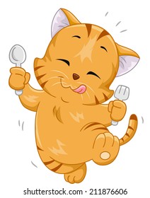 Mascot Illustration Featuring a Hungry Cat Holding a Spoon and Fork