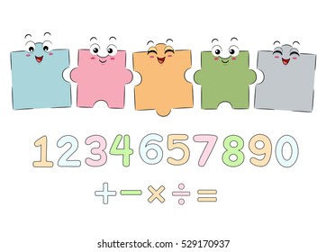 Mascot Illustration Featuring Jigsaw Puzzle Pieces Arranged Above Numbers and Mathematical Symbols