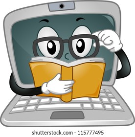 Mascot Illustration Featuring a Laptop Reading a Book