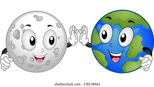 Mascot Illustration Featuring the Moon and the Earth Doing a High Five