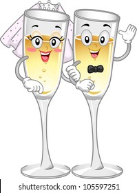 Mascot Illustration Featuring a Pair of Wineglasses Filled with Champagne