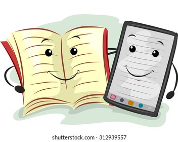 Mascot Illustration Featuring a Paperback and an E-book Reader