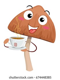 Mascot Illustration Featuring a Psychedelic Mushroom Holding a Cup of Hot Tea