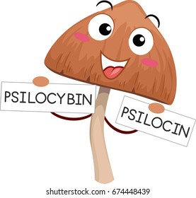 Mascot Illustration Featuring a Psychedelic Mushroom Holding Labels With Psilocybin and Psilocin Printed on Them