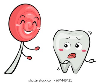 Mascot Illustration Featuring a Scared Tooth Being Chased by an Enthusiastic Pink Lollipop
