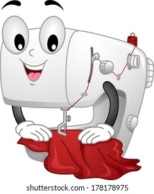 Mascot Illustration Featuring a Sewing Machine Sewing a Piece of Cloth