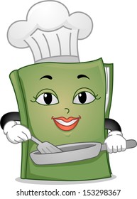 Mascot Illustration Featuring a Toque-Wearing Cookbook Holding a Frying Pan