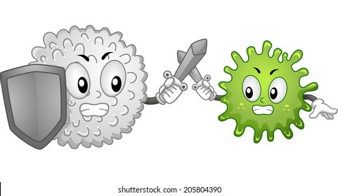 Mascot Illustration Featuring a White Blood Cell and an Antigen Fighting it Out