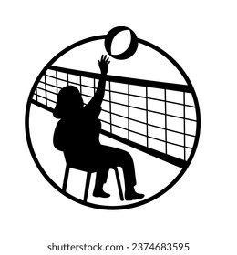 Mascot illustration of female senior chair volleyball player spiking the ball over net on isolated white background inside circle in retro black and white style.