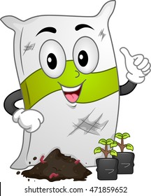 Mascot Illustration of a Fertilizer Sack Standing in Front of Seedlings