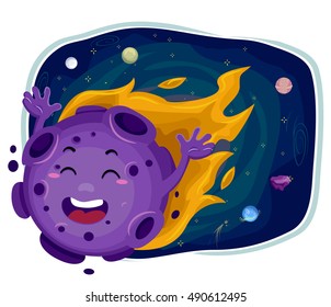 Mascot Illustration of a Flaming Meteor Happily Blazing Past Colorful Planets