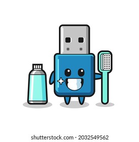Mascot Illustration of flash drive usb with a toothbrush , cute style design for t shirt, sticker, logo element